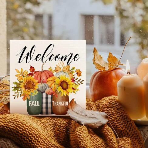 Fall Decor Wooden Box Sign, Fall Sunflower Pumpkin Table Decor Thanksgiving Harvest Autumn Decoration Home Office Room Kitchen Fall Sign Decor, Welcome Fall Thankful in Saudi Arabia