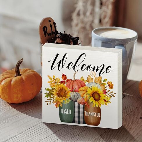 Fall Decor Wooden Box Sign, Fall Sunflower Pumpkin Table Decor Thanksgiving Harvest Autumn Decoration Home Office Room Kitchen Fall Sign Decor, Welcome Fall Thankful in Saudi Arabia