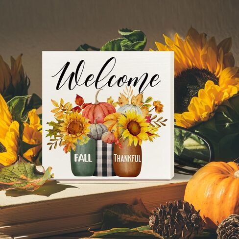 Fall Decor Wooden Box Sign, Fall Sunflower Pumpkin Table Decor Thanksgiving Harvest Autumn Decoration Home Office Room Kitchen Fall Sign Decor, Welcome Fall Thankful in Saudi Arabia