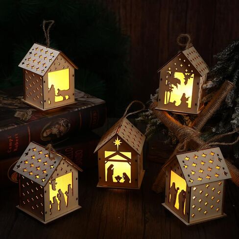 5 قطع مشهد المهد الخشب المنحوت زخرفة عيد الميلاد LED تضيء المهد عيد الميلاد زخرفة انقطاع الخشب عيد الميلاد شنقا زخرفة المهد شجرة عيد الميلاد الحلي للاحتفال بميلاد يسوع in Kuwait