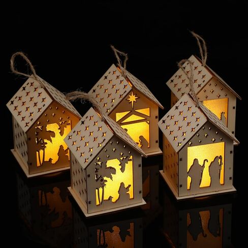 5 قطع مشهد المهد الخشب المنحوت زخرفة عيد الميلاد LED تضيء المهد عيد الميلاد زخرفة انقطاع الخشب عيد الميلاد شنقا زخرفة المهد شجرة عيد الميلاد الحلي للاحتفال بميلاد يسوع in Kuwait