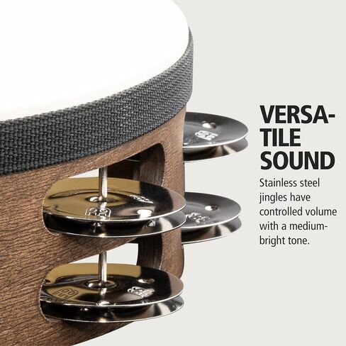 Meinl Percussion Traditional Goatskin Headed Wood Tambourine with Stainless Steel Jingles, Double Row — NOT Made in China — for All Musicians, 2-Year Warranty (TAH2WB) in Saudi Arabia