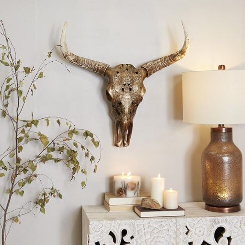 Deco 79 Polystone Cow Home Wall Decor Carved Skull Wall Sculpture, Wall Art 28" x 7" x 30", Bronze in Saudi Arabia