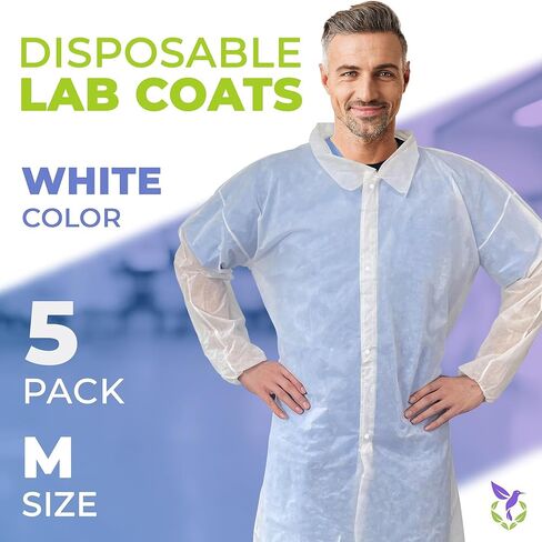 معاطف مختبر AMZ للبالغين، مقاس متوسط. 5 عبوات من معاطف المختبر البيضاء بطول الركبة من مادة البولي بروبيلين للاستعمال مرة واحدة. معطف من معدات الوقاية الشخصية بوزن 30 جرامًا لكل متر مربع مع 4 أزرار كبس ومعصمين مرنين. معاطف طبية قابلة للتنفس in Kuwait