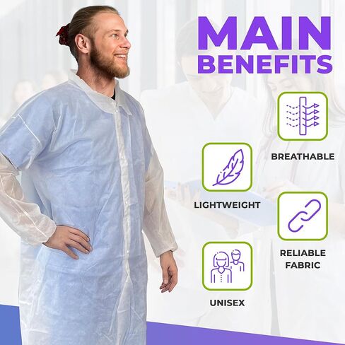 معاطف مختبر AMZ للبالغين، مقاس متوسط. 5 عبوات من معاطف المختبر البيضاء بطول الركبة من مادة البولي بروبيلين للاستعمال مرة واحدة. معطف من معدات الوقاية الشخصية بوزن 30 جرامًا لكل متر مربع مع 4 أزرار كبس ومعصمين مرنين. معاطف طبية قابلة للتنفس in Kuwait