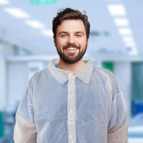 معاطف مختبر AMZ للبالغين، مقاس متوسط. 5 عبوات من معاطف المختبر البيضاء بطول الركبة من مادة البولي بروبيلين للاستعمال مرة واحدة. معطف من معدات الوقاية الشخصية بوزن 30 جرامًا لكل متر مربع مع 4 أزرار كبس ومعصمين مرنين. معاطف طبية قابلة للتنفس in Kuwait