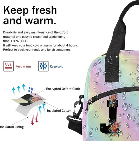 Letter J Fashion Insulated Lunch Bag Mother's Day Gift Lunch Box for Women Girl with Shoulder Strap Tote Bag Reusable Large Containers Meal Prep for School Work Picnic Thermal Cooler Bag in Saudi Arabia
