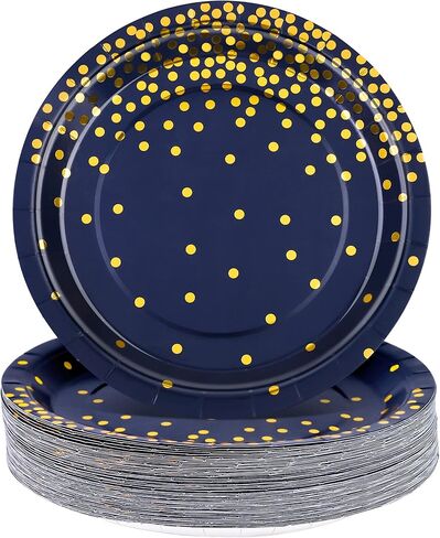 Aneco 60 Pieces 7 Inches Disposable Paper Plates Navy Blue Paper Plates Blue and Gold Foil Dot Dessert Plates Round Paper Plates for Wedding Bridal Shower Birthday Party Decorations in Kuwait