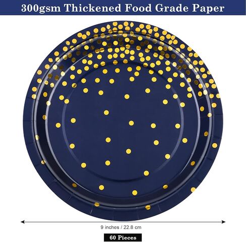 Aneco 60 Pieces 7 Inches Disposable Paper Plates Navy Blue Paper Plates Blue and Gold Foil Dot Dessert Plates Round Paper Plates for Wedding Bridal Shower Birthday Party Decorations in Kuwait