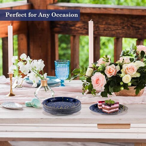 Aneco 60 Pieces 7 Inches Disposable Paper Plates Navy Blue Paper Plates Blue and Gold Foil Dot Dessert Plates Round Paper Plates for Wedding Bridal Shower Birthday Party Decorations in Kuwait