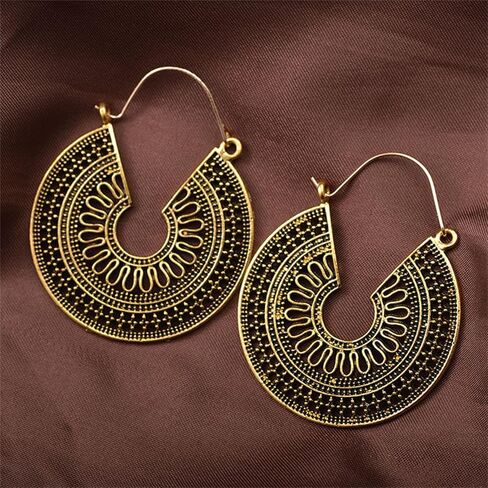 Boho Antique Carved Flower Dangle Drop Earrings for Women Girls Vintage Retro Handmade Hollowed Antiqued Bronze Floral Shaped Geometric Gold Silver Plated Hoop Earrings for Ethnic Style Jewelry Gifts in Saudi Arabia