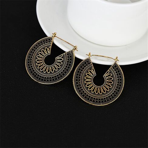 Boho Antique Carved Flower Dangle Drop Earrings for Women Girls Vintage Retro Handmade Hollowed Antiqued Bronze Floral Shaped Geometric Gold Silver Plated Hoop Earrings for Ethnic Style Jewelry Gifts in Saudi Arabia