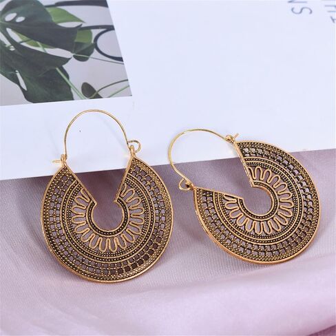 Boho Antique Carved Flower Dangle Drop Earrings for Women Girls Vintage Retro Handmade Hollowed Antiqued Bronze Floral Shaped Geometric Gold Silver Plated Hoop Earrings for Ethnic Style Jewelry Gifts in Saudi Arabia