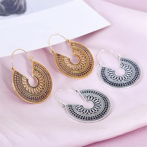 Boho Antique Carved Flower Dangle Drop Earrings for Women Girls Vintage Retro Handmade Hollowed Antiqued Bronze Floral Shaped Geometric Gold Silver Plated Hoop Earrings for Ethnic Style Jewelry Gifts in Saudi Arabia