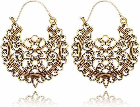 Boho Antique Carved Flower Dangle Drop Earrings for Women Girls Vintage Retro Handmade Hollowed Antiqued Bronze Floral Shaped Geometric Gold Silver Plated Hoop Earrings for Ethnic Style Jewelry Gifts in Saudi Arabia