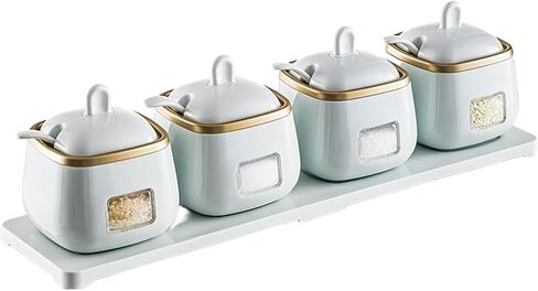Set of 4 Condiment Jars with Lids, Spoons and Tray, Kitchen Salt Containers Coffee Sugar Bowls Seasoning Jars for Salt, Sugar, Pepper, Coffee, Spice (Light Blue) in Saudi Arabia