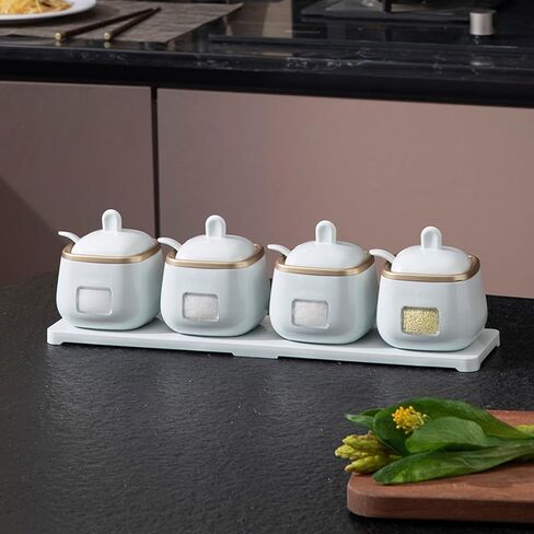 Set of 4 Condiment Jars with Lids, Spoons and Tray, Kitchen Salt Containers Coffee Sugar Bowls Seasoning Jars for Salt, Sugar, Pepper, Coffee, Spice (Light Blue) in Saudi Arabia