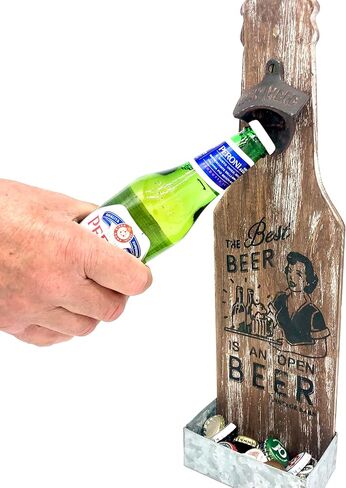 Wall-Mounted Beer Bottle Opener with Cap Catcher - Witty Man Cave Decor, Larger Wooden Design, Ideal Fathers Day Gift for Men in Saudi Arabia