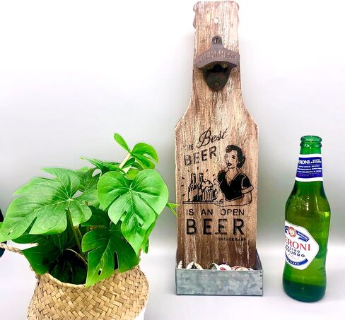 Wall-Mounted Beer Bottle Opener with Cap Catcher - Witty Man Cave Decor, Larger Wooden Design, Ideal Fathers Day Gift for Men in Saudi Arabia
