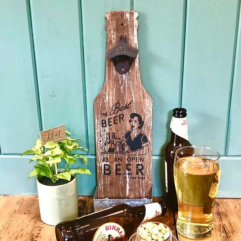 Wall-Mounted Beer Bottle Opener with Cap Catcher - Witty Man Cave Decor, Larger Wooden Design, Ideal Fathers Day Gift for Men in Saudi Arabia