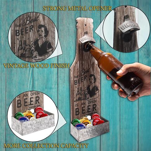 Wall-Mounted Beer Bottle Opener with Cap Catcher - Witty Man Cave Decor, Larger Wooden Design, Ideal Fathers Day Gift for Men in Saudi Arabia