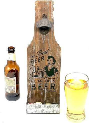 Wall-Mounted Beer Bottle Opener with Cap Catcher - Witty Man Cave Decor, Larger Wooden Design, Ideal Fathers Day Gift for Men in Saudi Arabia