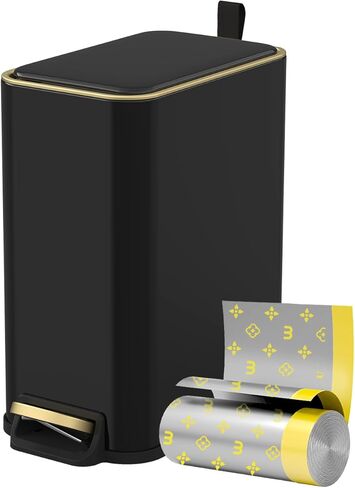 سلة مهملات الحمام المعدنية مع غطاء، سلة مهملات مكتبية رفيعة للمكتب القريب، سلة قمامة صغيرة لغرفة النوم بدون لمس 5 لتر/1.3 جالون مع دواسة قدم، أسود in Kuwait