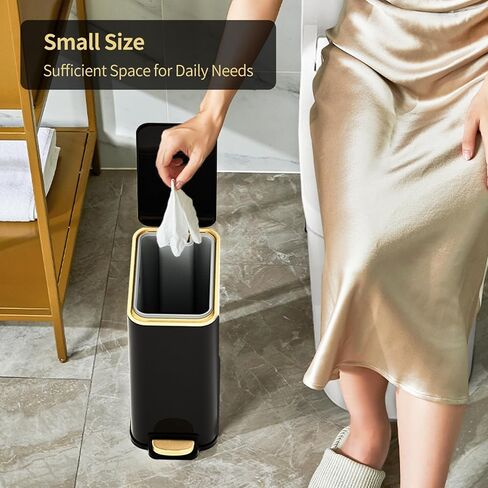 سلة مهملات الحمام المعدنية مع غطاء، سلة مهملات مكتبية رفيعة للمكتب القريب، سلة قمامة صغيرة لغرفة النوم بدون لمس 5 لتر/1.3 جالون مع دواسة قدم، أسود in Kuwait