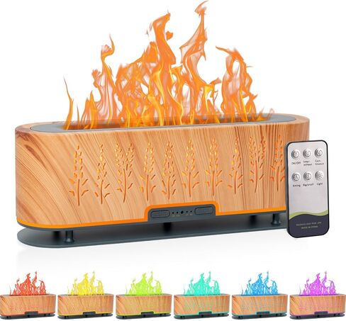 Essential Oil Diffusers, Flame Air Diffuser Humidifier, 200ml Aromatherapy Diffuser with 2 Mist Mode 4 Timer Up & Waterless Auto-Off Protection for Bedroom Home (Wheat-Gray(7 Flame Colors)+Oil) in Saudi Arabia