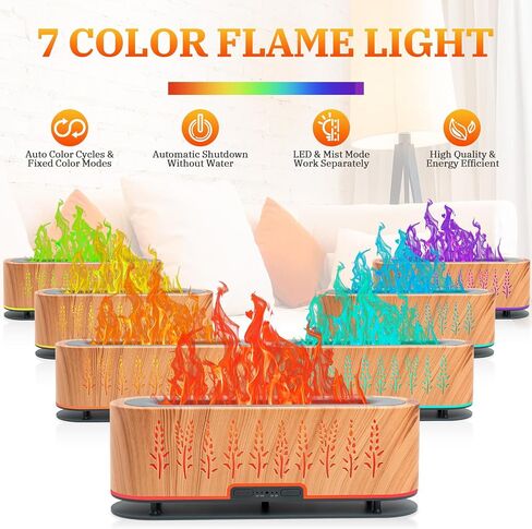 Essential Oil Diffusers, Flame Air Diffuser Humidifier, 200ml Aromatherapy Diffuser with 2 Mist Mode 4 Timer Up & Waterless Auto-Off Protection for Bedroom Home (Wheat-Gray(7 Flame Colors)+Oil) in Saudi Arabia