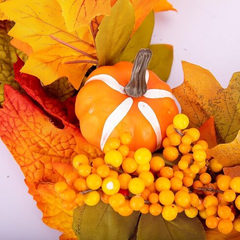 زينة إكليل الخريف 18 بوصة إكليل سقوط صناعي للباب الأمامي، ديكورات خريفية للمنزل، إكليل مزرعة الحصاد مع أوراق القيقب، القرع، التوت، أكاليل الخريف للمنزل، الجدار، الشرفة in Kuwait