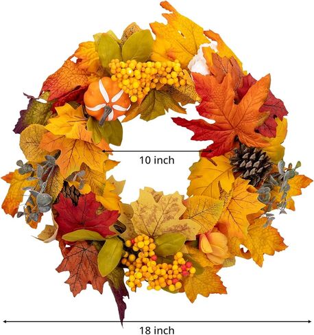 زينة إكليل الخريف 18 بوصة إكليل سقوط صناعي للباب الأمامي، ديكورات خريفية للمنزل، إكليل مزرعة الحصاد مع أوراق القيقب، القرع، التوت، أكاليل الخريف للمنزل، الجدار، الشرفة in Kuwait
