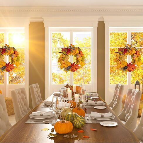 زينة إكليل الخريف 18 بوصة إكليل سقوط صناعي للباب الأمامي، ديكورات خريفية للمنزل، إكليل مزرعة الحصاد مع أوراق القيقب، القرع، التوت، أكاليل الخريف للمنزل، الجدار، الشرفة in Kuwait