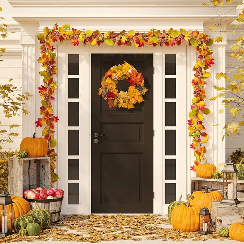 زينة إكليل الخريف 18 بوصة إكليل سقوط صناعي للباب الأمامي، ديكورات خريفية للمنزل، إكليل مزرعة الحصاد مع أوراق القيقب، القرع، التوت، أكاليل الخريف للمنزل، الجدار، الشرفة in Kuwait