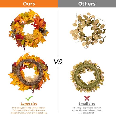 زينة إكليل الخريف 18 بوصة إكليل سقوط صناعي للباب الأمامي، ديكورات خريفية للمنزل، إكليل مزرعة الحصاد مع أوراق القيقب، القرع، التوت، أكاليل الخريف للمنزل، الجدار، الشرفة in Kuwait