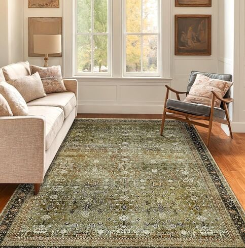 Area Rug 5x7 Washable Rugs Vintage Farmhouse Neutral Rug for Living Room Bedroom Dining Room Entryway, Low Pile Non-Shedding Easy Clean Area Rug, Yellow Green in Saudi Arabia