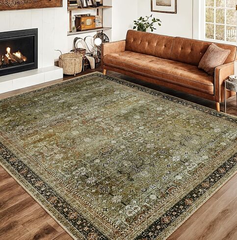 Area Rug 5x7 Washable Rugs Vintage Farmhouse Neutral Rug for Living Room Bedroom Dining Room Entryway, Low Pile Non-Shedding Easy Clean Area Rug, Yellow Green in Saudi Arabia