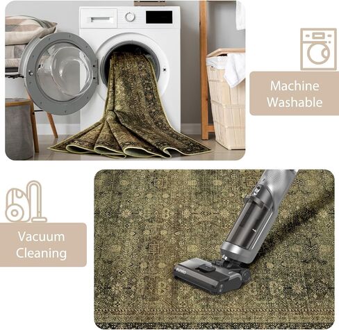Area Rug 5x7 Washable Rugs Vintage Farmhouse Neutral Rug for Living Room Bedroom Dining Room Entryway, Low Pile Non-Shedding Easy Clean Area Rug, Yellow Green in Saudi Arabia
