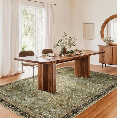 Area Rug 5x7 Washable Rugs Vintage Farmhouse Neutral Rug for Living Room Bedroom Dining Room Entryway, Low Pile Non-Shedding Easy Clean Area Rug, Yellow Green in Saudi Arabia