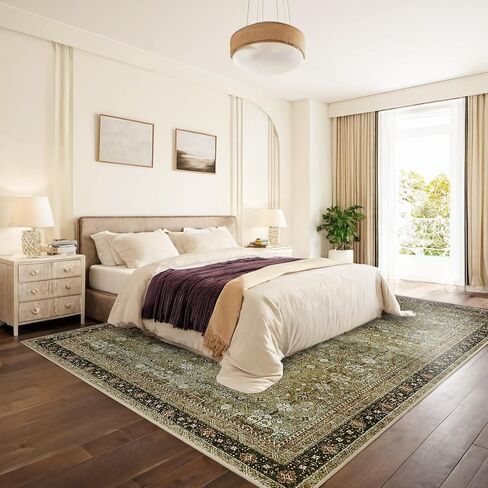 Area Rug 5x7 Washable Rugs Vintage Farmhouse Neutral Rug for Living Room Bedroom Dining Room Entryway, Low Pile Non-Shedding Easy Clean Area Rug, Yellow Green in Saudi Arabia