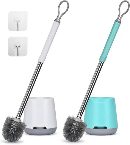 Toilet Bowl Brush and Holder 2 Pack Long Handle Toilet Brush for Bathroom with Ventilated Holder Floor and Wall Mounted Plastic Toilet Brush Set Under The Rim Household Cleaning (Cyan/White) in Saudi Arabia
