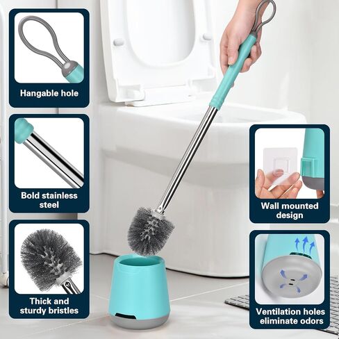 Toilet Bowl Brush and Holder 2 Pack Long Handle Toilet Brush for Bathroom with Ventilated Holder Floor and Wall Mounted Plastic Toilet Brush Set Under The Rim Household Cleaning (Cyan/White) in Saudi Arabia