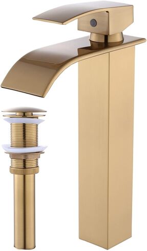 Waterfall Spout Bathroom Faucet, Deck Mount, Solid Brass, Brushed Gold, 1 Hole, Single Handle, Vessel Sink Faucet in Saudi Arabia
