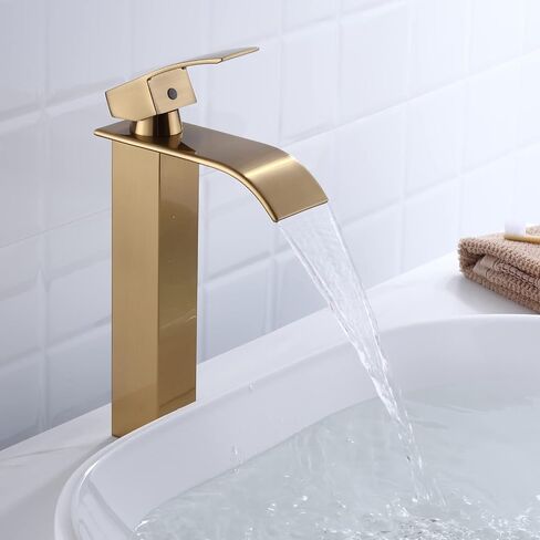 Waterfall Spout Bathroom Faucet, Deck Mount, Solid Brass, Brushed Gold, 1 Hole, Single Handle, Vessel Sink Faucet in Saudi Arabia