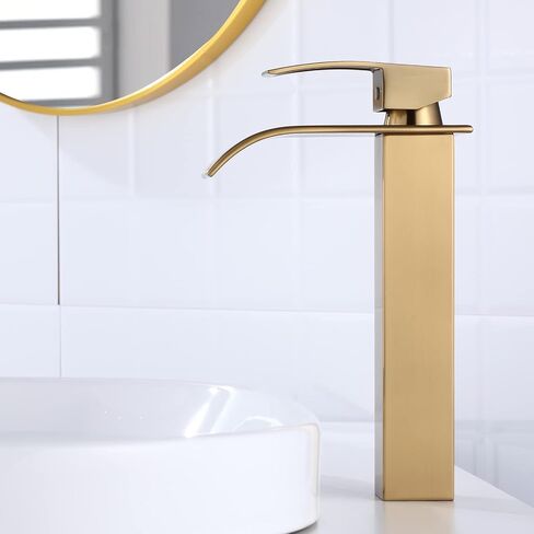 Waterfall Spout Bathroom Faucet, Deck Mount, Solid Brass, Brushed Gold, 1 Hole, Single Handle, Vessel Sink Faucet in Saudi Arabia