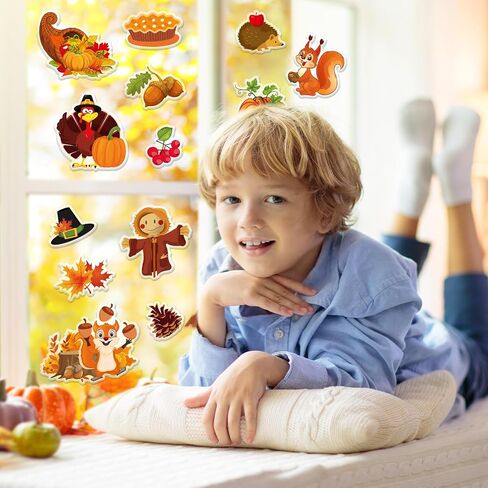 Whaline 32Pcs Fall Thanksgiving Thick Gel Clings Harvest Pumpkin Turkey Truck Scarecrow Window Gel Decals for Autumn School Home Classroom Wall Decor in Saudi Arabia