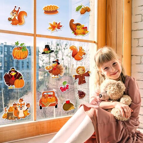 Whaline 32Pcs Fall Thanksgiving Thick Gel Clings Harvest Pumpkin Turkey Truck Scarecrow Window Gel Decals for Autumn School Home Classroom Wall Decor in Saudi Arabia