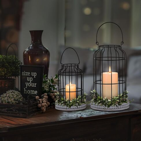 Rustic Farmhouse Lantern Decor Set of 2 - Wood Beaded Tray Vintage Metal Black Decorative Lanterns for Living Room, Kitchen Dining Table Fireplace Mantle, 11" & 7" Cloche Set Home Decor in Saudi Arabia