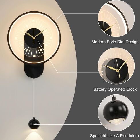 Plug in LED Wall Sconces Wall Clock 14 Inch Creative Clock Design Wall Light Black Wall Mounted Lighting Modern Wall Decor for Living Room Dining Room Office Kitchen 3000K Warm Lights in Saudi Arabia