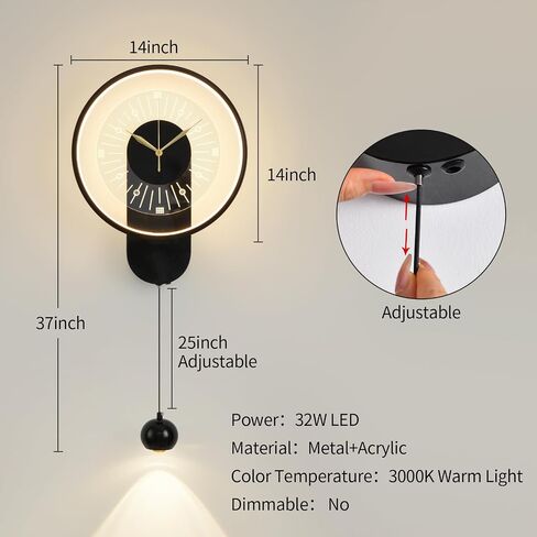 Plug in LED Wall Sconces Wall Clock 14 Inch Creative Clock Design Wall Light Black Wall Mounted Lighting Modern Wall Decor for Living Room Dining Room Office Kitchen 3000K Warm Lights in Saudi Arabia